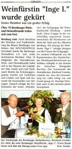 Pressebeitrag 'Weinf&uuml;rstin 'Inge I.' wurde gek&uuml;rt' Wochenspiegel 12.11.2008